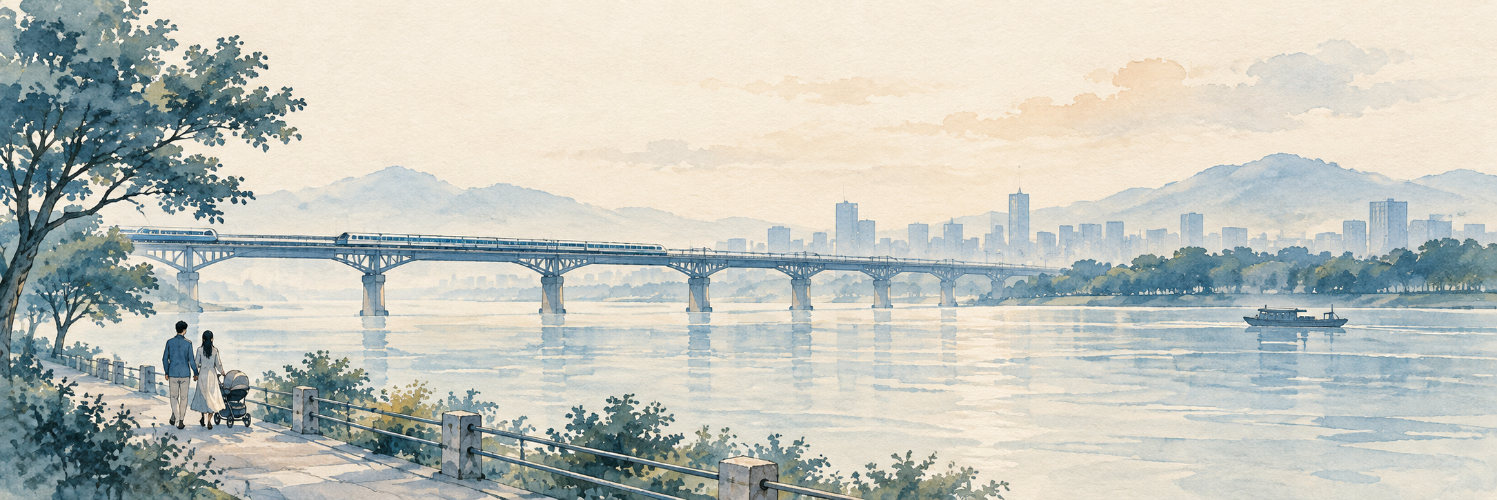 河畔、桥梁、列车与亲子散步的旅行插画 / 川辺・橋・列車と親子の散歩を描いた旅行イラスト
